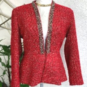 Neiman Marcus Exclusive Red Tweed W/Beads Accent Blazer